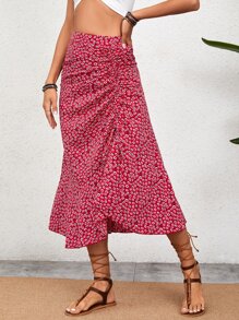 SHEIN VCAY Ditsy Floral Drawstring Ruched Front Asymmetrical Hem Skirt - Red - View 6