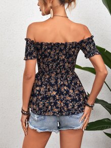 Breezaya Ditsy Floral Print Off Shoulder Peplum Blouse Peplum Top - Navy Blue - View 2