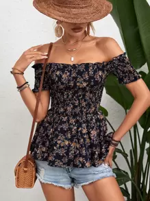 Breezaya Ditsy Floral Print Off Shoulder Peplum Blouse Peplum Top - Navy Blue - View 4