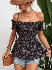 Breezaya Ditsy Floral Print Off Shoulder Peplum Blouse Peplum Top - Navy Blue - View 5