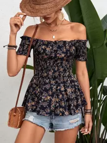 Breezaya Ditsy Floral Print Off Shoulder Peplum Blouse Peplum Top - Navy Blue - View 6