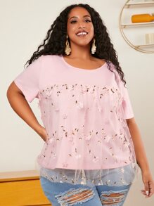 SHEIN CURVE+ Camiseta con bordado floral con malla - Rosa Pálido - Ver 3