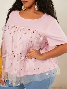 SHEIN CURVE+ Camiseta con bordado floral con malla - Rosa Pálido - Ver 4