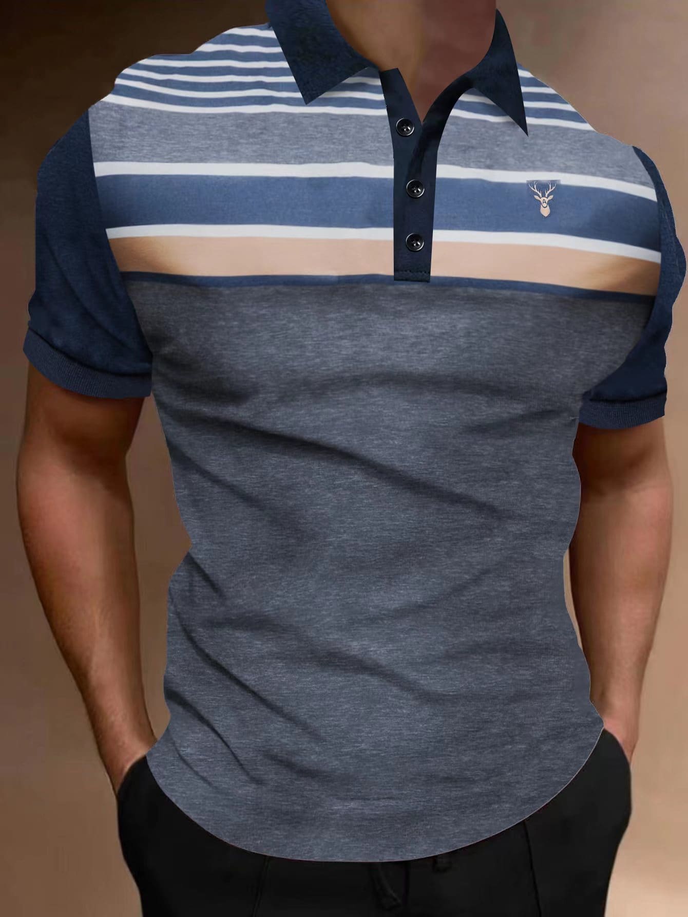 Manfinity Men Striped & Elk Print Polo Shirt - Multicolor - View 1