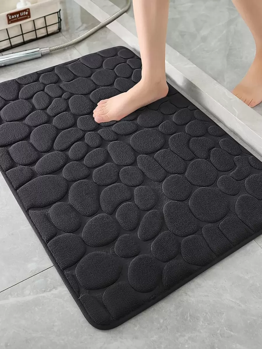 1pc/3pcs Black Stone Texture Embossed Sponge High Resilience Absorbent Anti-Slip Bathroom Mat, Single/3-Piece Set Bathroom Decor Floor Mat Bath Rug Floor Carpet Outdoor Rug Door Mat Fall Decor Bathroom Accessories Back To School Entryway Decor