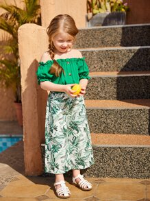 SHEIN Bộ thời trang bé gái Thắt lưng viền lá sen Nút phía trước Nhiệt đới Boho - Nhiều màu - Xem 3