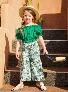 SHEIN Bộ thời trang bé gái Thắt lưng viền lá sen Nút phía trước Nhiệt đới Boho - Nhiều màu - Xem 4