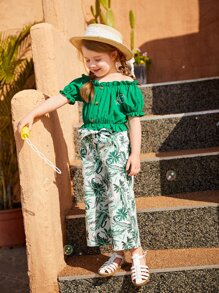 SHEIN Bộ thời trang bé gái Thắt lưng viền lá sen Nút phía trước Nhiệt đới Boho - Nhiều màu - Xem 5