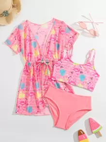 年轻女孩条纹和火烈鸟印花比基尼套装与和服夏季海滩 - 粉色 - 查看 1