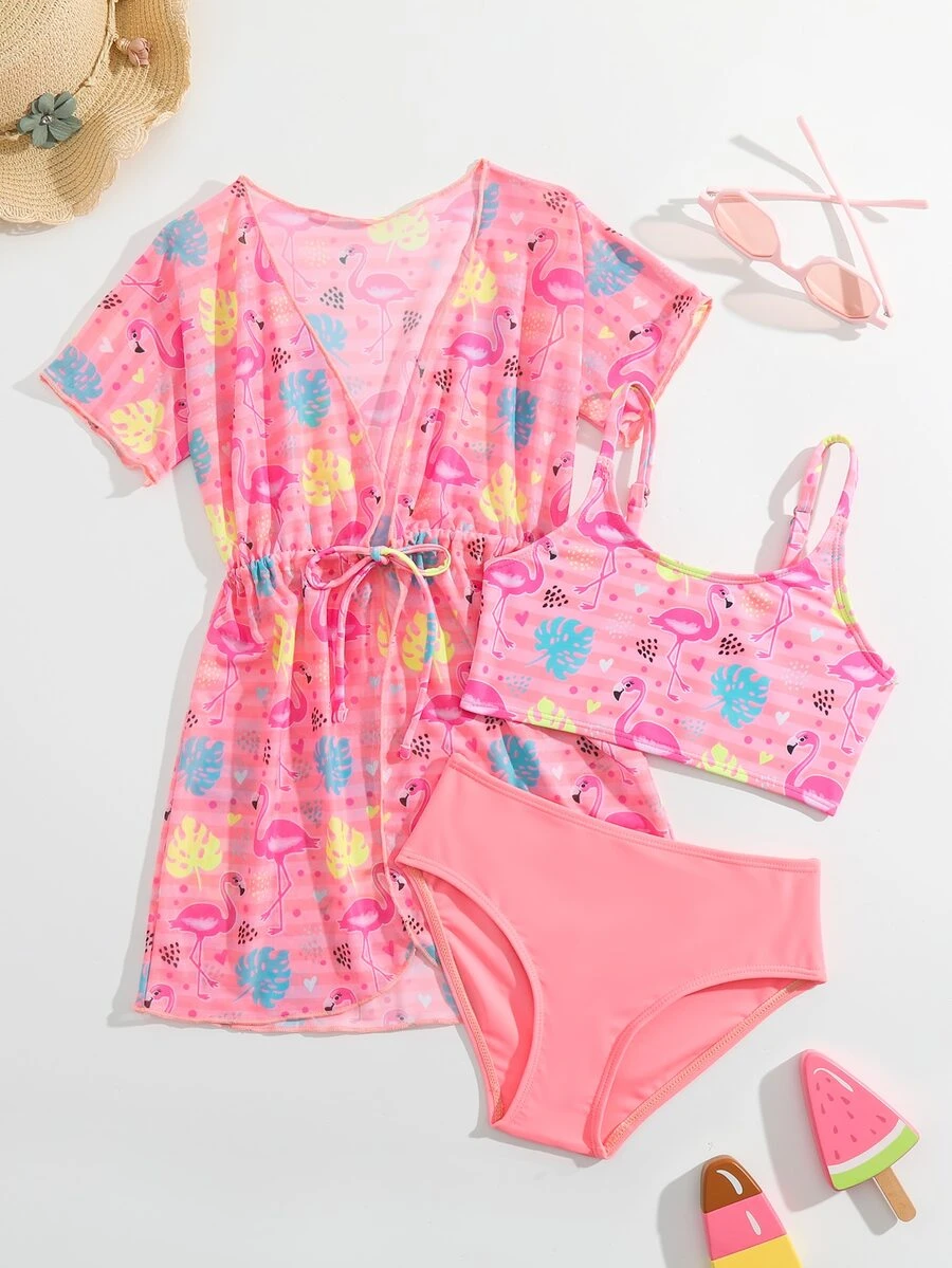 年轻女孩条纹和火烈鸟印花比基尼套装与和服夏季海滩 - 粉色 - 查看 1