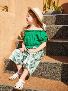 SHEIN Bộ thời trang bé gái Thắt lưng viền lá sen Nút phía trước Nhiệt đới Boho - Nhiều màu - Xem 6