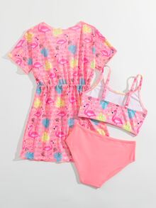 年轻女孩条纹和火烈鸟印花比基尼套装与和服夏季海滩 - 粉色 - 查看 2