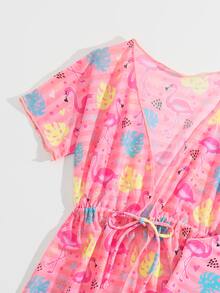 年轻女孩条纹和火烈鸟印花比基尼套装与和服夏季海滩 - 粉色 - 查看 4