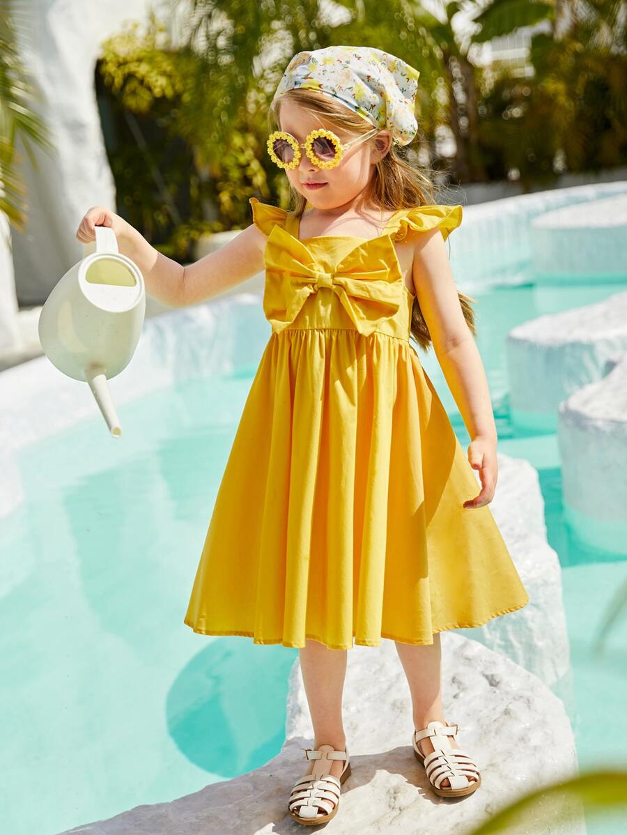 SHEIN Niñas 1 pieza Vestido ribete con fruncido con lazo delantero - Amarillo - Ver 1