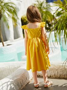 SHEIN Niñas 1 pieza Vestido ribete con fruncido con lazo delantero - Amarillo - Ver 2