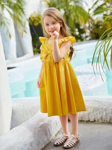 SHEIN Niñas 1 pieza Vestido ribete con fruncido con lazo delantero - Amarillo - Ver 3