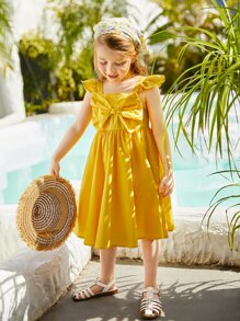 SHEIN Niñas 1 pieza Vestido ribete con fruncido con lazo delantero - Amarillo - Ver 4