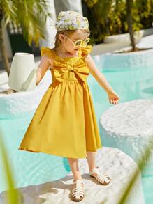 SHEIN Niñas 1 pieza Vestido ribete con fruncido con lazo delantero - Amarillo - Ver 6