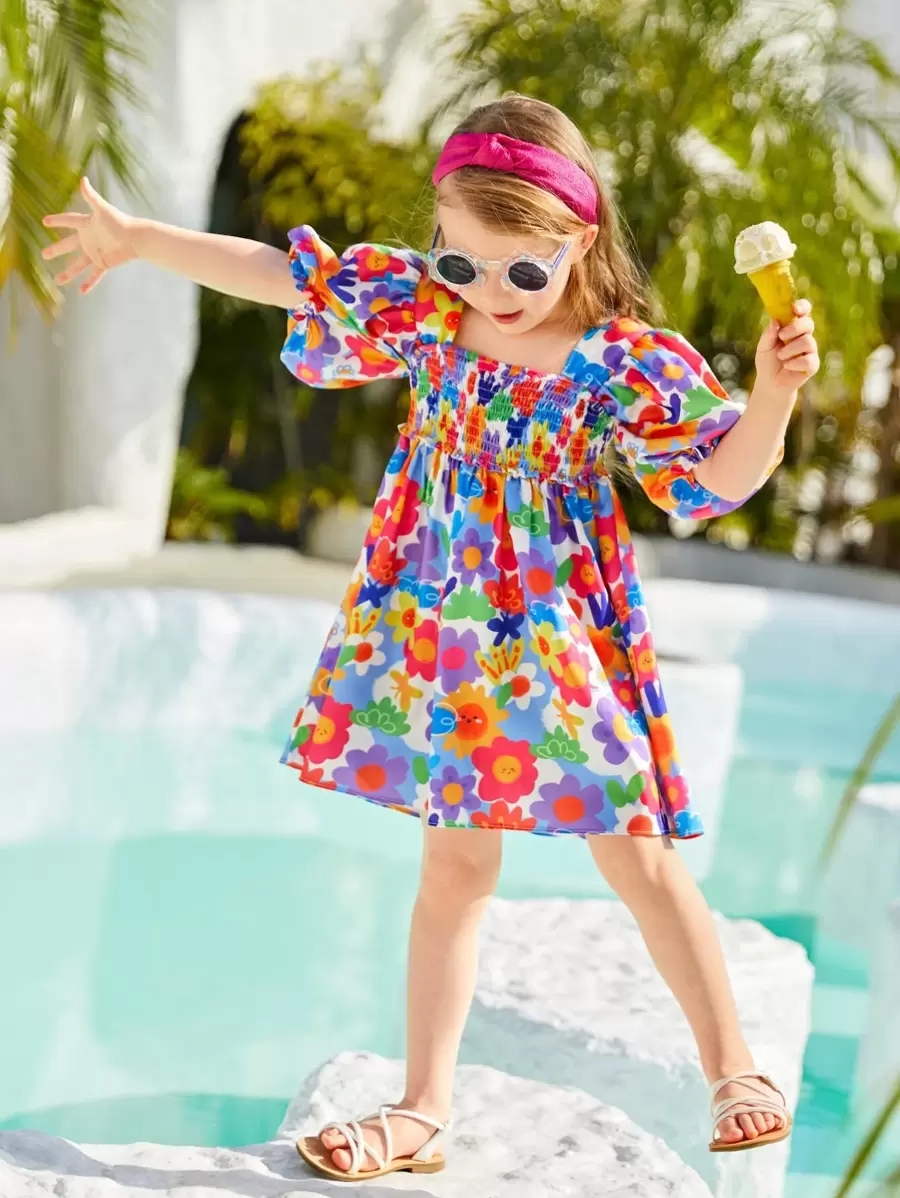 SHEIN 小女童1入組印花泡泡袖連衣裙 - 彩色 - 查看 1