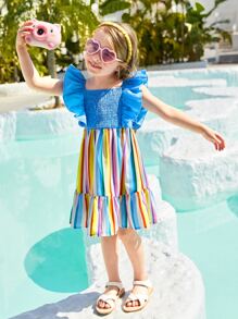 SHEIN Toddler Girls Rainbow Striped Ruffle Trim Dress - Multicolor - View 1
