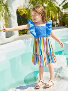 SHEIN Toddler Girls Rainbow Striped Ruffle Trim Dress - Multicolor - View 3