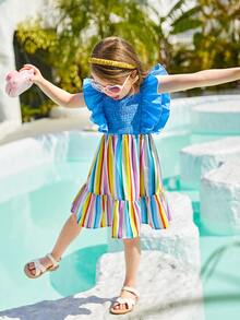 SHEIN Toddler Girls Rainbow Striped Ruffle Trim Dress - Multicolor - View 5