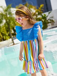 SHEIN Toddler Girls Rainbow Striped Ruffle Trim Dress - Multicolor - View 6