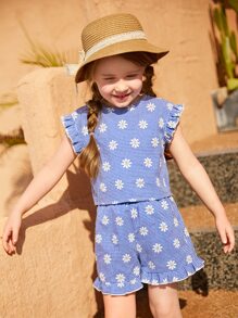 SHEIN Young Girl Gingham & Daisy Floral Print Ruffle Trim Top & Shorts - Royal Blue - View 3