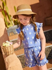 SHEIN Young Girl Gingham & Daisy Floral Print Ruffle Trim Top & Shorts - Royal Blue - View 4