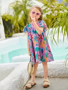 SHEIN 少女1件熱帶印花蝴蝶袖連衣裙 - 彩色 - 查看 1