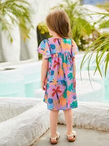 SHEIN 少女1件熱帶印花蝴蝶袖連衣裙 - 彩色 - 查看 2