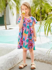 SHEIN 少女1件熱帶印花蝴蝶袖連衣裙 - 彩色 - 查看 3