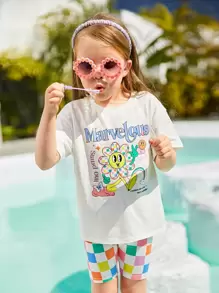 SHEIN 小女童卡通和字母圖案落肩T恤和騎行褲 - 彩色 - 查看 1