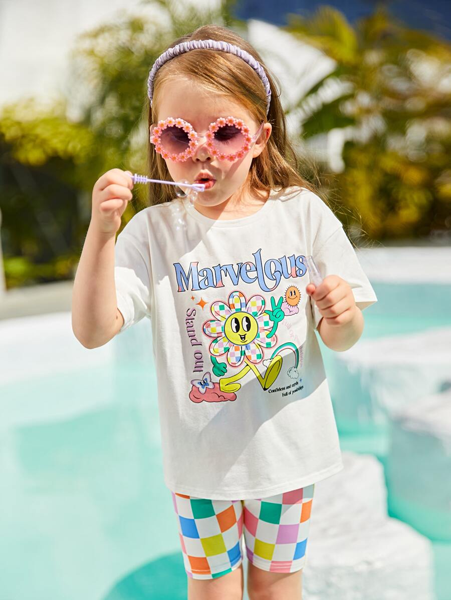 SHEIN 小女童卡通和字母圖案落肩T恤和騎行褲 - 彩色 - 查看 1