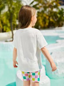 SHEIN 小女童卡通和字母圖案落肩T恤和騎行褲 - 彩色 - 查看 2