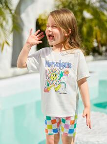 SHEIN 小女童卡通和字母圖案落肩T恤和騎行褲 - 彩色 - 查看 3