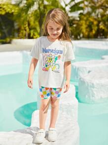 SHEIN 小女童卡通和字母圖案落肩T恤和騎行褲 - 彩色 - 查看 4