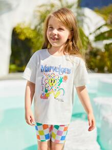 SHEIN 小女童卡通和字母圖案落肩T恤和騎行褲 - 彩色 - 查看 5