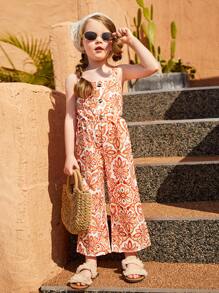 SHEIN Young Girl Allover Floral Print Button Front Cami Jumpsuit - Multicolor - View 1