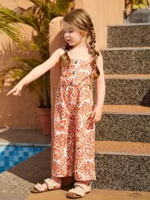SHEIN Young Girl Allover Floral Print Button Front Cami Jumpsuit - Multicolor - View 3
