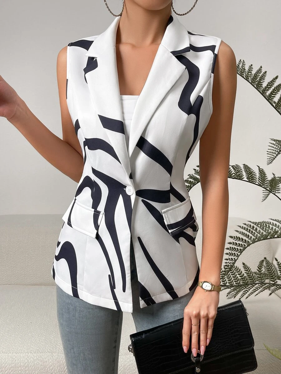 SHEIN Privé Graphic Print Lapel Neck Blazer - Black and White - View 1