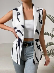 SHEIN Privé Graphic Print Lapel Neck Blazer - Black and White - View 4