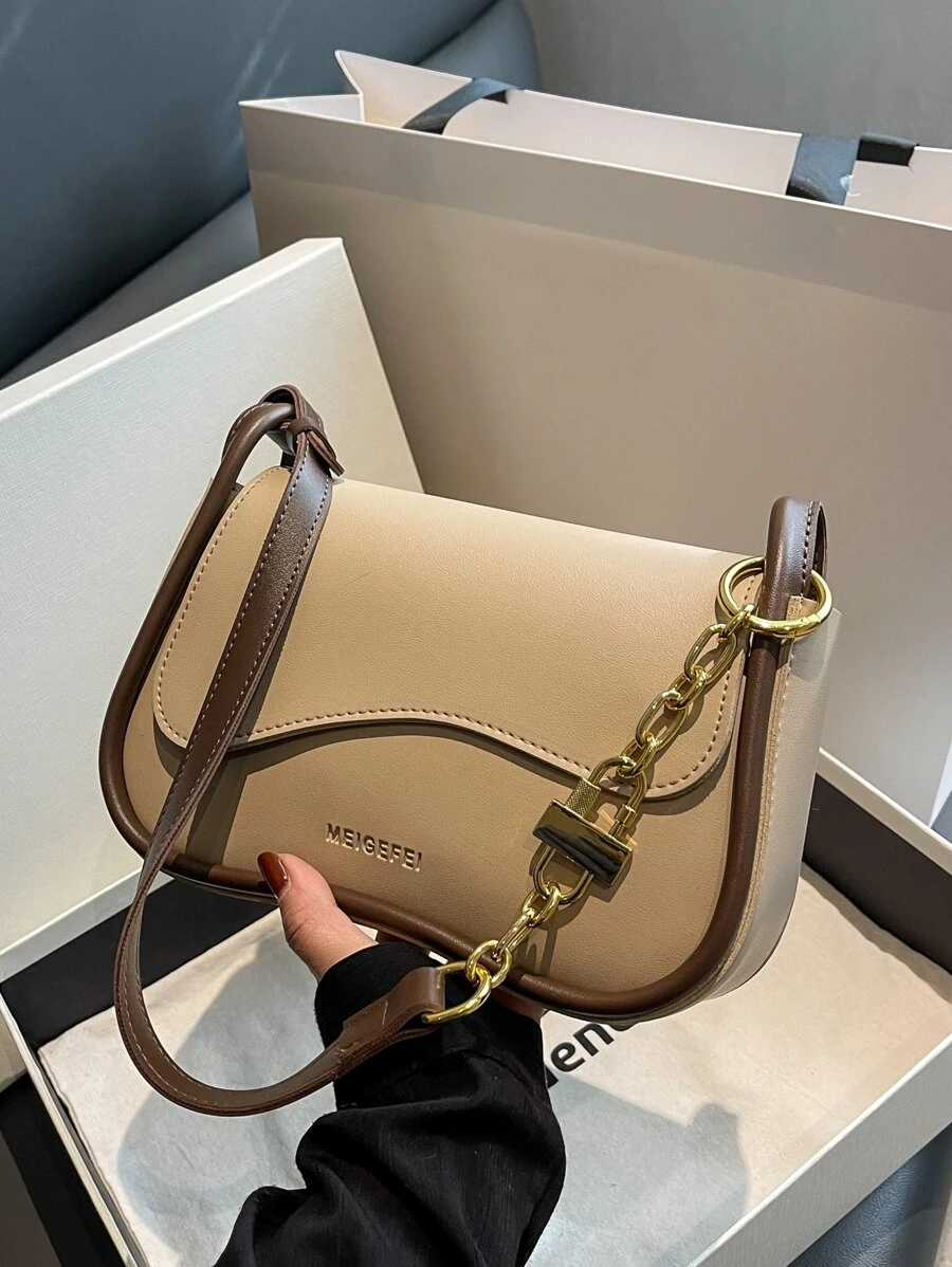 1pc Faux Leather Fashion Solid Color Chain Shoulder Bag With 2 Shoulder Straps - Khaki - View 1