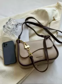 1pc Faux Leather Fashion Solid Color Chain Shoulder Bag With 2 Shoulder Straps - Khaki - View 5