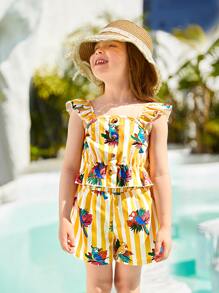 SHEIN Toddler Girls Striped & Bird Print Ruffle Trim Top & Shorts - Multicolor - View 3