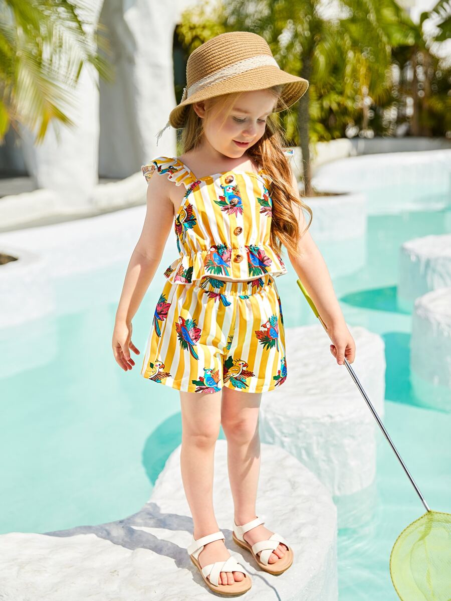 SHEIN Toddler Girls Striped & Bird Print Ruffle Trim Top & Shorts - Multicolor - View 1