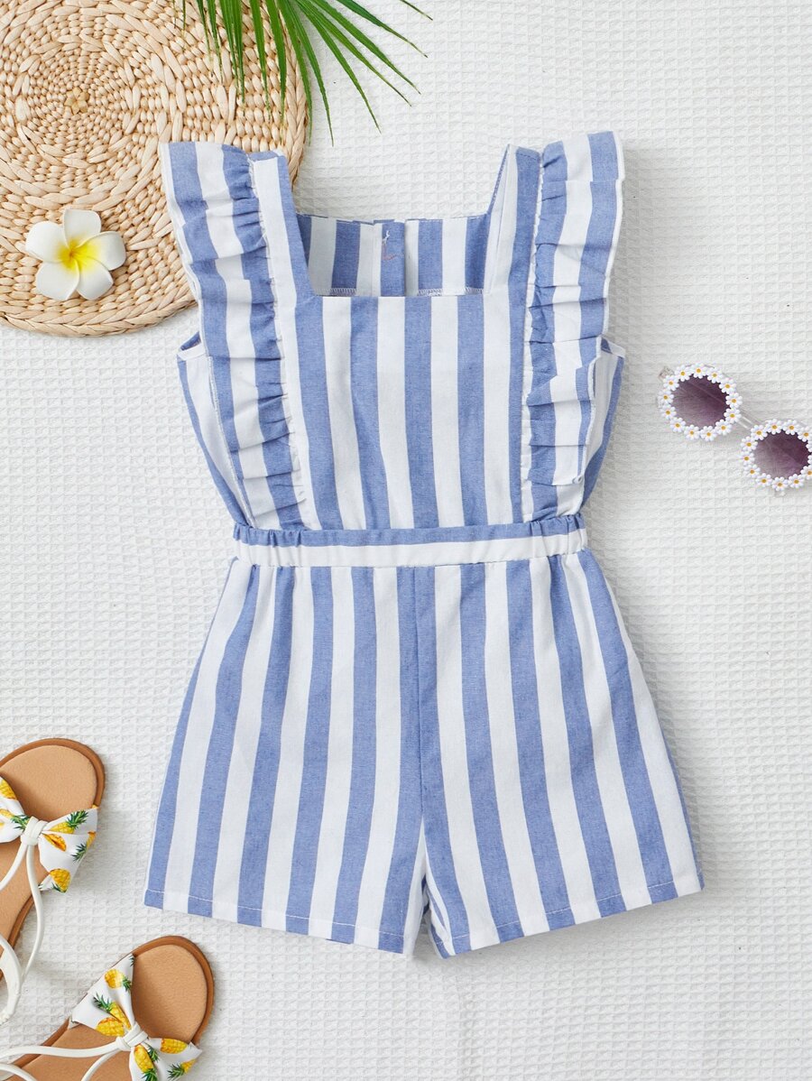 SHEIN Toddler Girls Striped Ruffle Trim Square Neck Romper