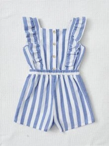 SHEIN Toddler Girls Striped Ruffle Trim Square Neck Romper