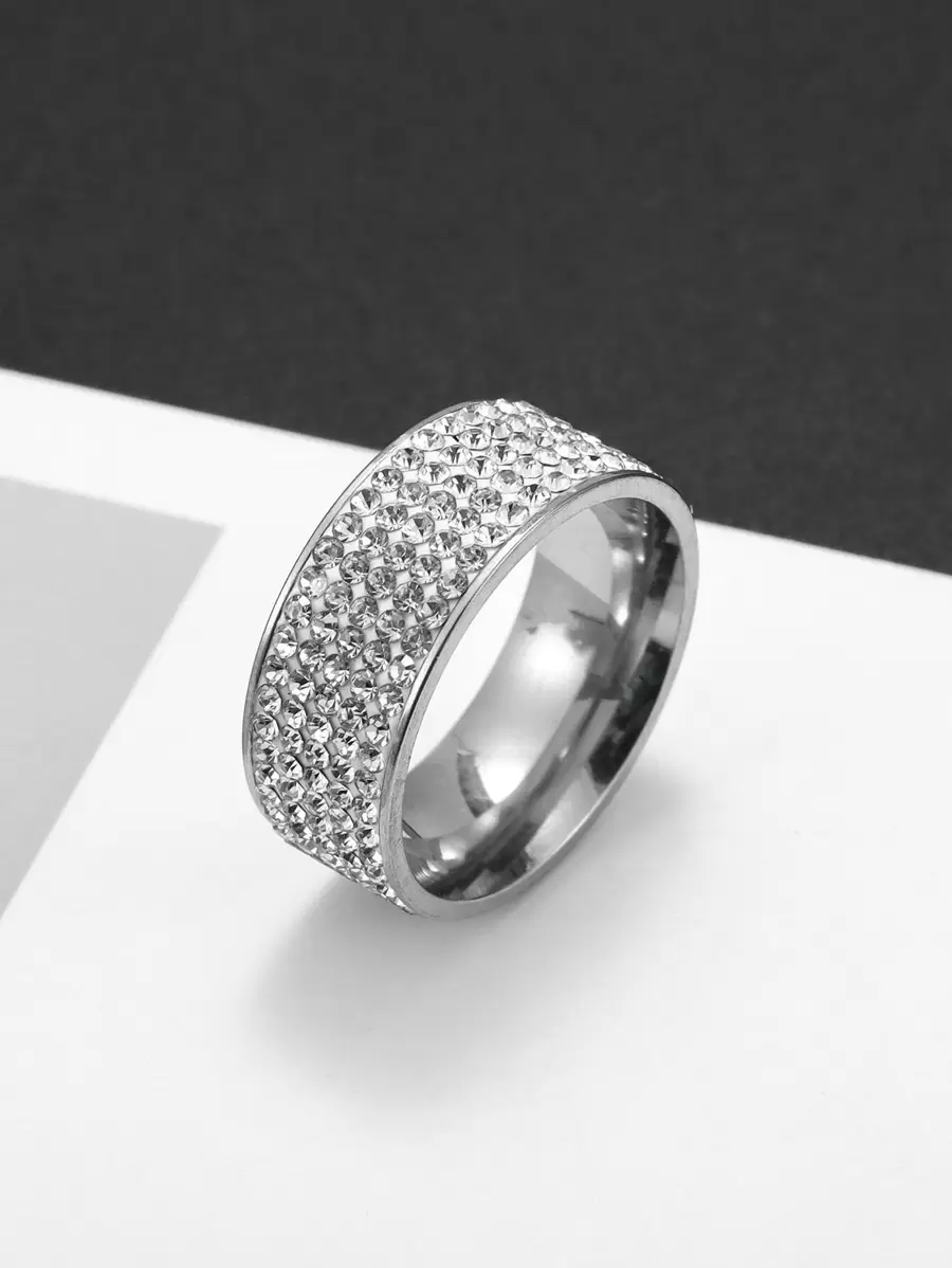 SeuSuk Nhẫn nam thời trang và phổ biến Trang trí bằng kim cương giả bằng thép không gỉ cho bữa tiệc và cho vẻ ngoài sành điệu - Bạc - Xem 1