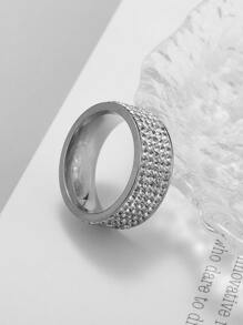 SeuSuk Nhẫn nam thời trang và phổ biến Trang trí bằng kim cương giả bằng thép không gỉ cho bữa tiệc và cho vẻ ngoài sành điệu - Bạc - Xem 2